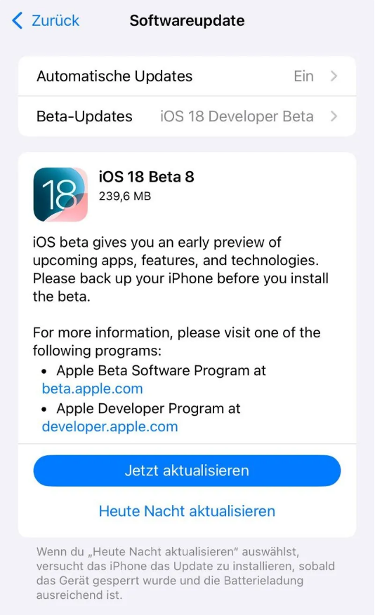 江苏苹果手机维修分享苹果 iOS / iPadOS 18 开发者预览版 Beta 8 发布 